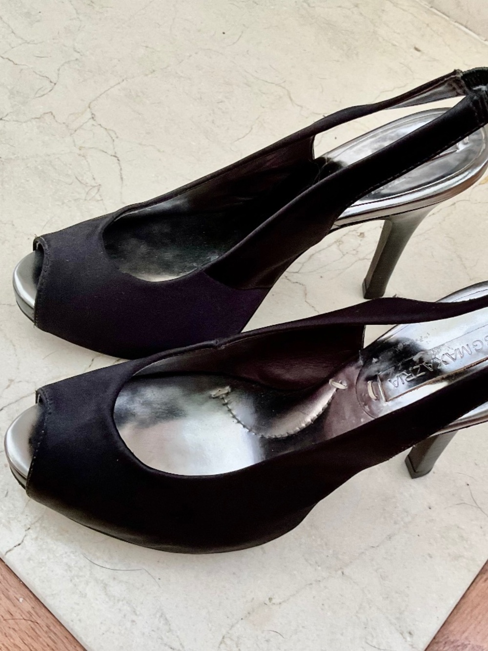 BCB MAXZRIA Satin sling back open toe. Black heels 6.5/7